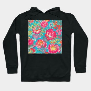 Hot Pink and Teal Colorful Floral, Happy Cheerful Floral Hoodie